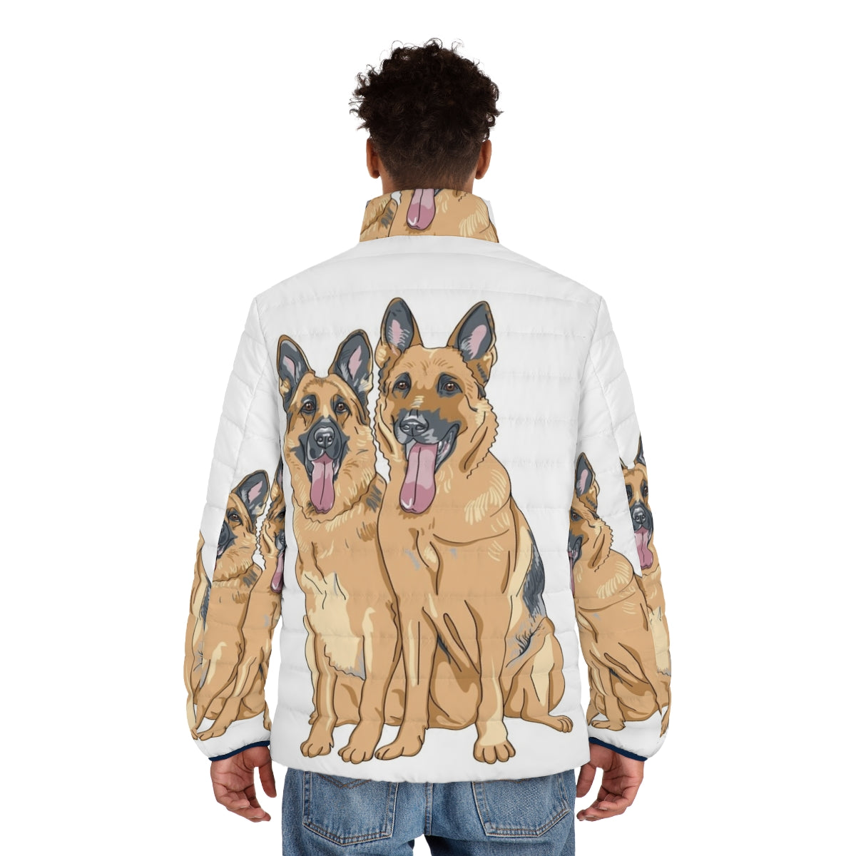 German Shepherd dog wearing a puffer jacket - men back