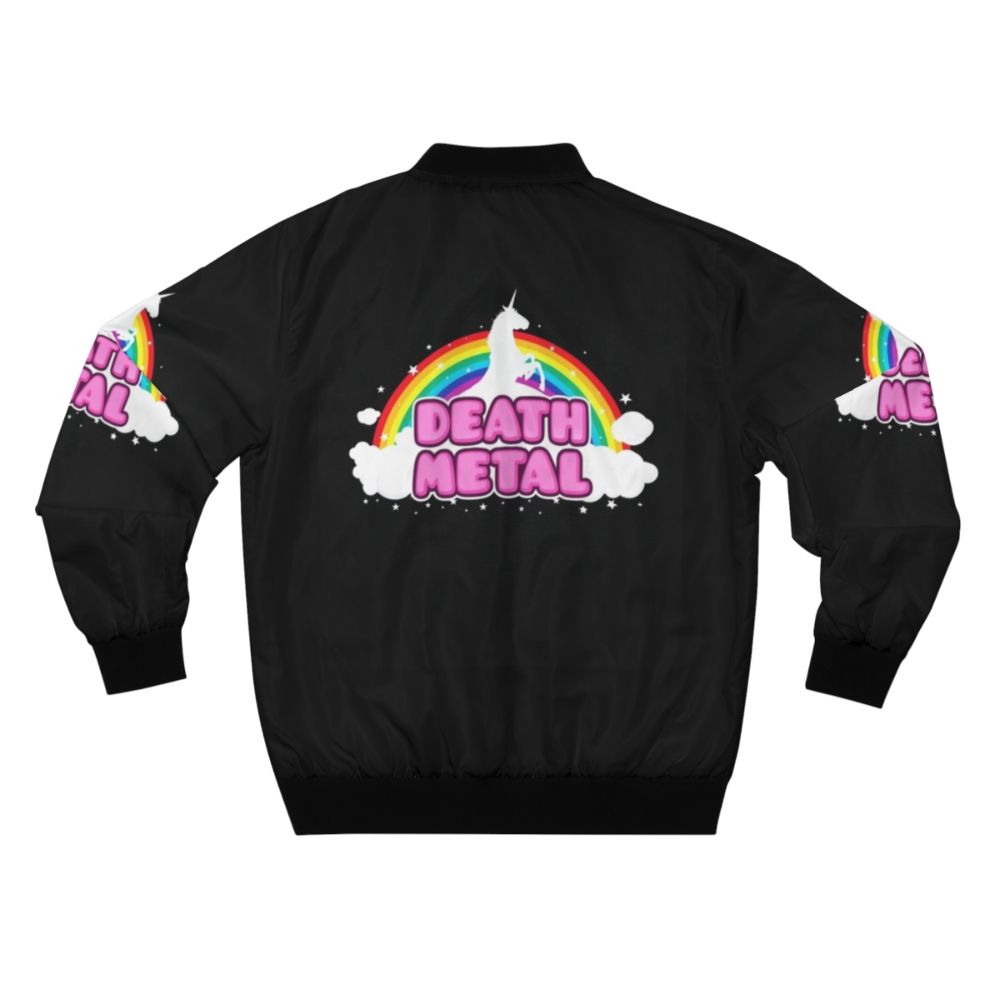 A colorful bomber jacket featuring a metal unicorn parody design for music fans. - Back