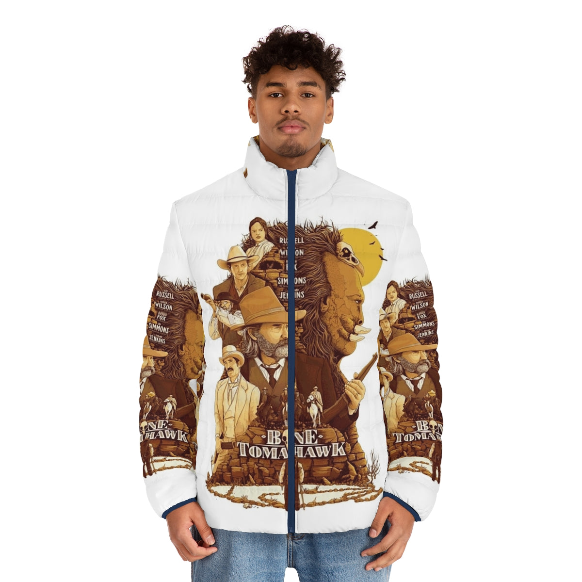 Bone Tomahawk Western Movie Puffer Jacket with Vintage Wild West Inspired Artwork - men front