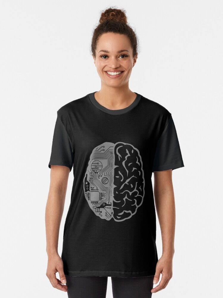 Graphic t-shirt design featuring a brain filled with binary code and the text "Coding Brain" - Women