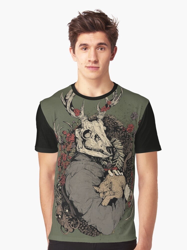 Vintage-inspired graphic t-shirt featuring a dragon, fantasy elements, and a gothic design - Men