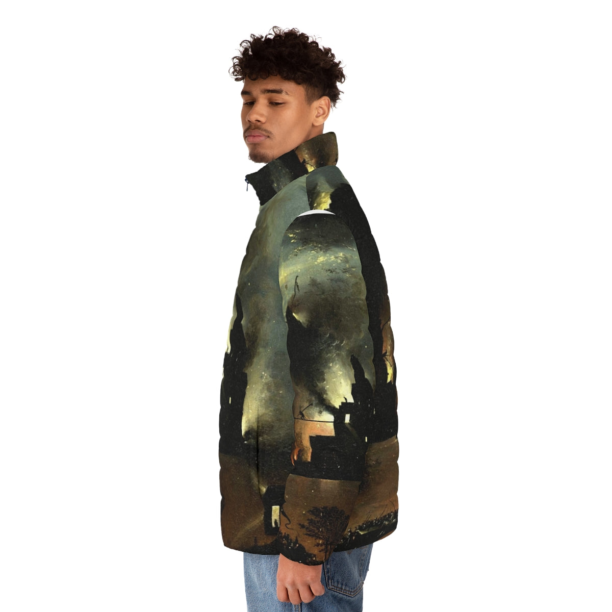 Hieronymus Bosch inspired puffer jacket with vibrant hell-inspired design - men side left