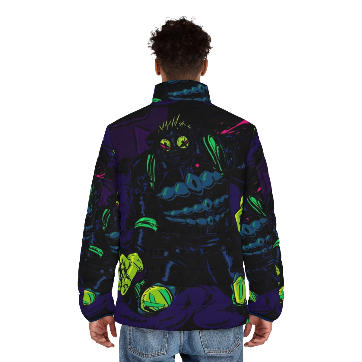 Caiman puffer jacket featuring a scaly design inspired by the anime Dorohedoro - men back