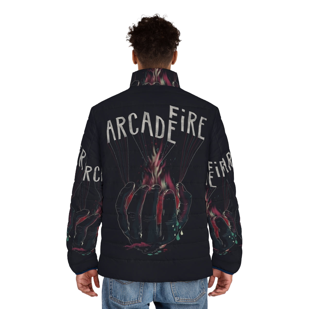 Arcade Fire Hand Puffer Jacket featuring alternative and indie design - men back