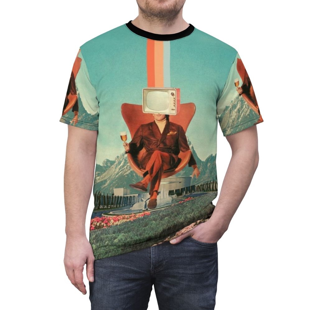 Surreal pop art collage design featuring a man, TV, mountains, and furniture in a multicolor, vintage-inspired graphic on a t-shirt. - men front