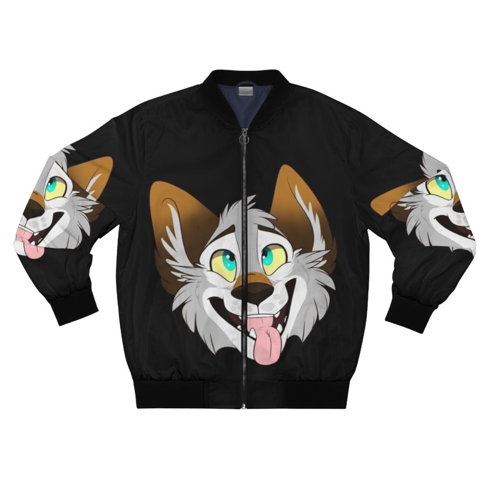 A happy, smiling wolf cartoon design on a bomber jacket.