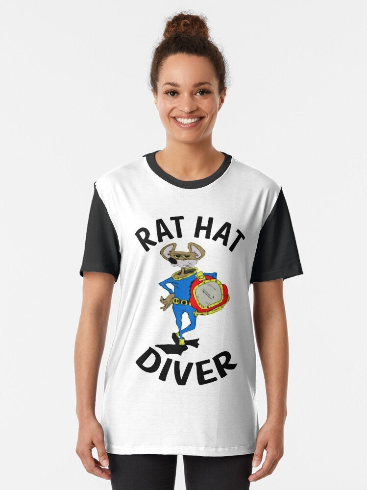 A vintage-style graphic t-shirt featuring a cartoon rat wearing a diving helmet while exploring the ocean. - Women