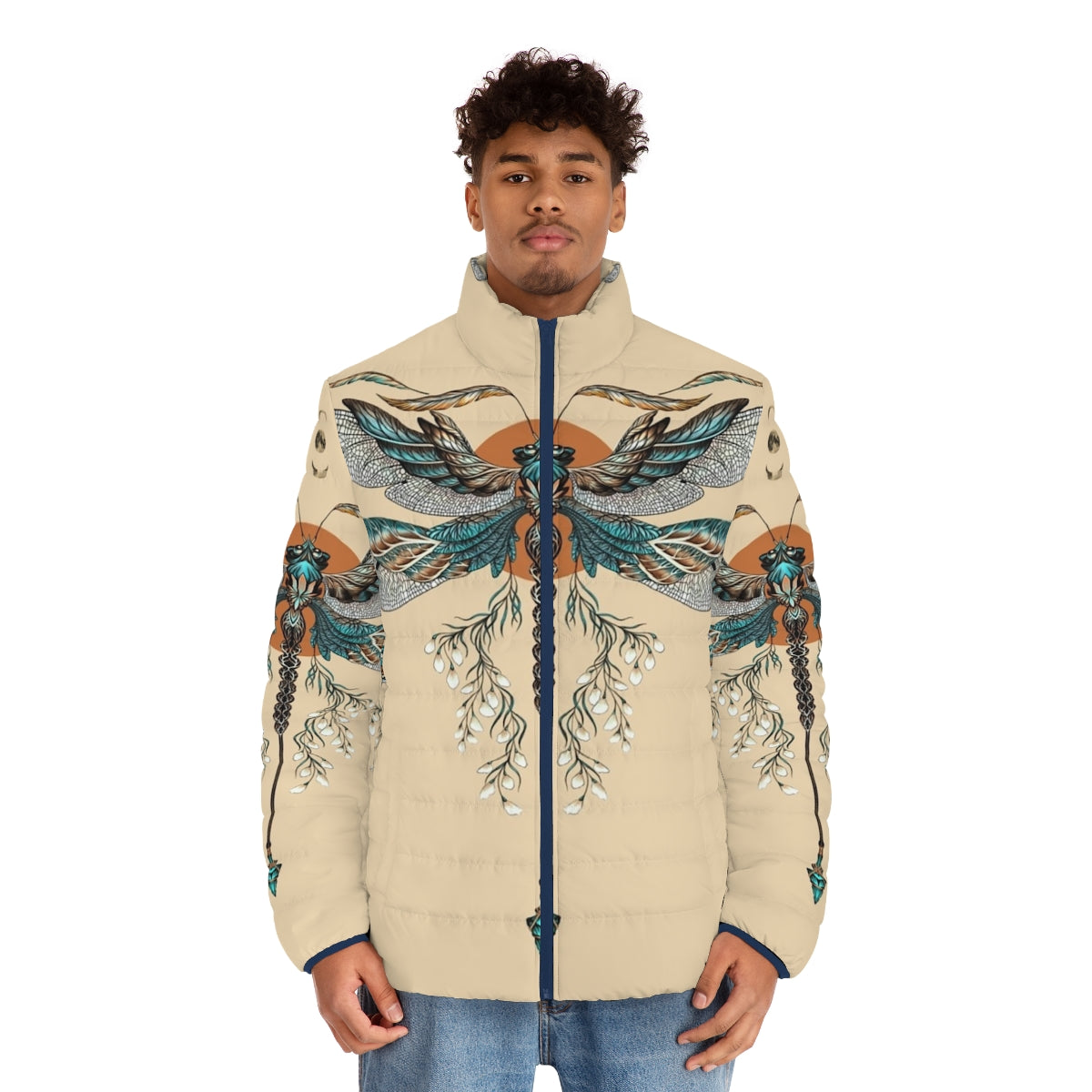 Dragonfly tattoo puffer jacket for men, featuring a mythical dragon design - men front