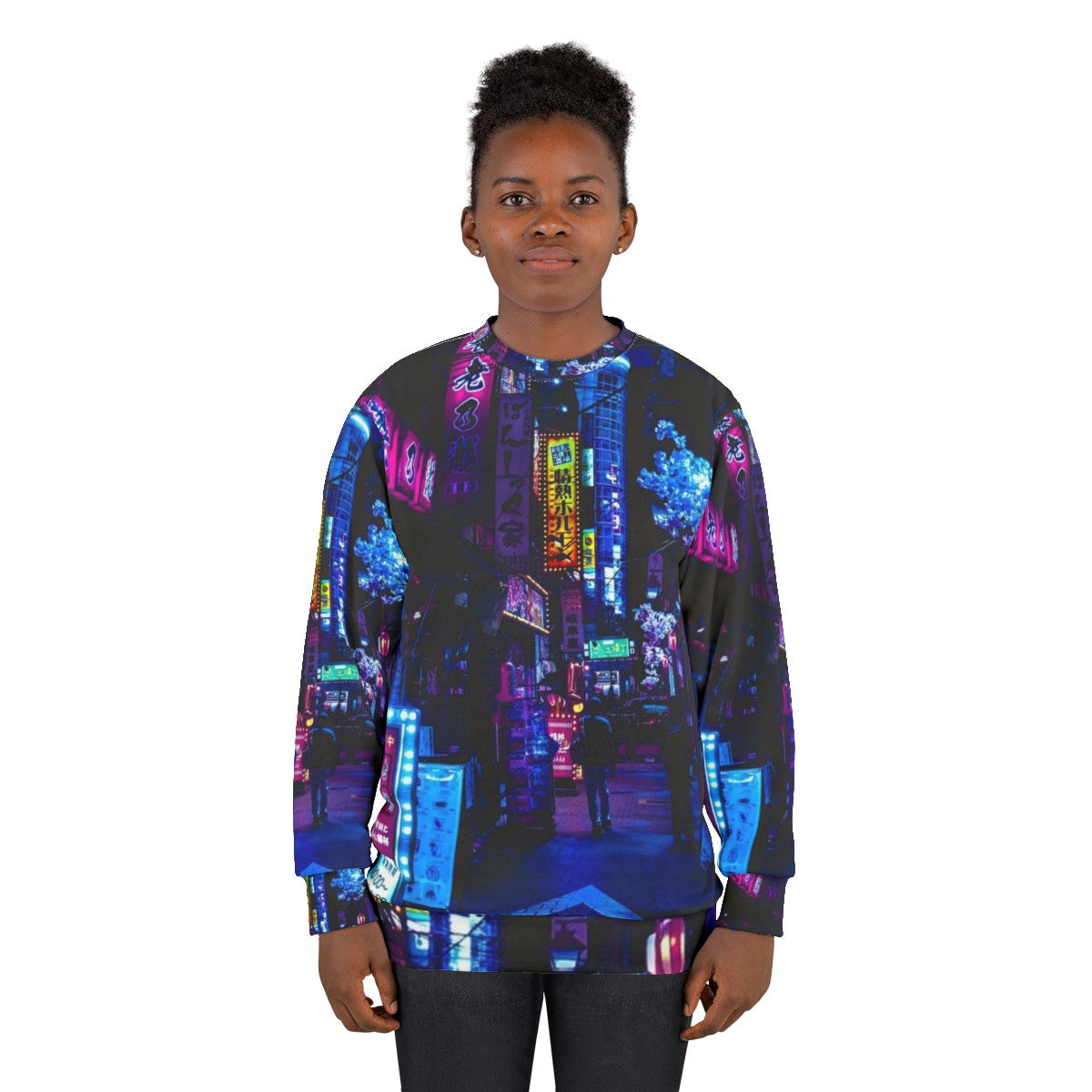 "Blue Tokyo Alley Sweatshirt with Cyberpunk Neon Streetwear Design" - women