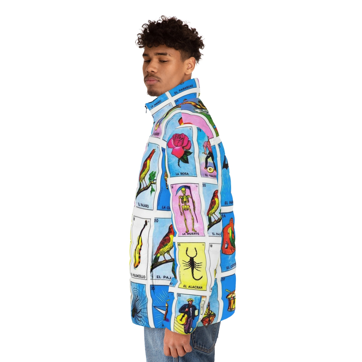 Colorful Mexican lottery bingo puffer jacket featuring various Mexican cultural symbols and animals - men side left