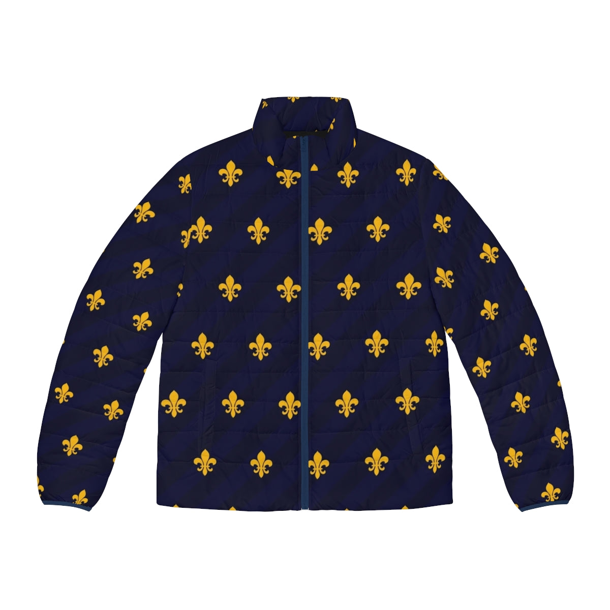 Fleur de Lys Gold and Blue Puffer Jacket, featuring the iconic French flower emblem