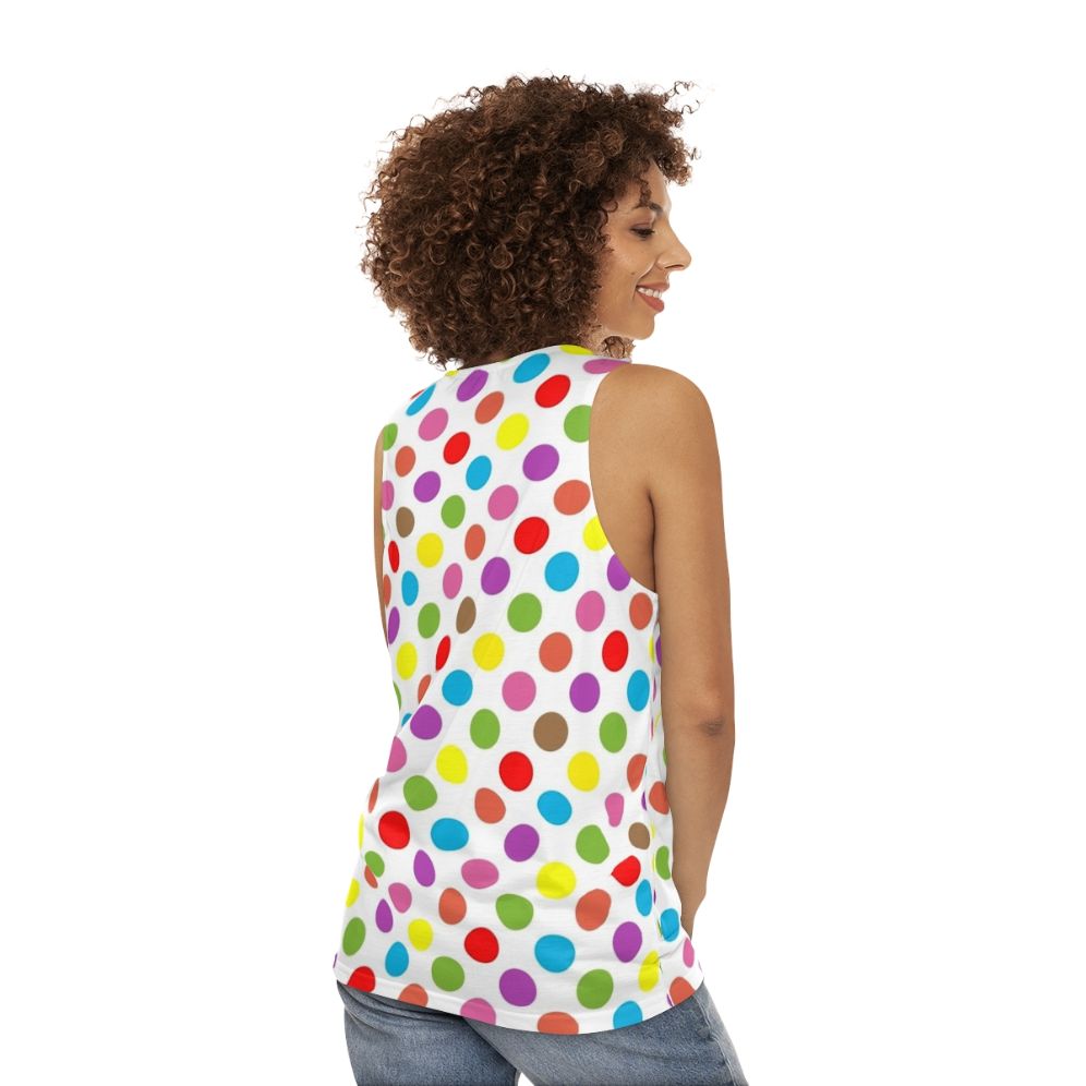 Vibrant rainbow polka dot unisex tank top - women back