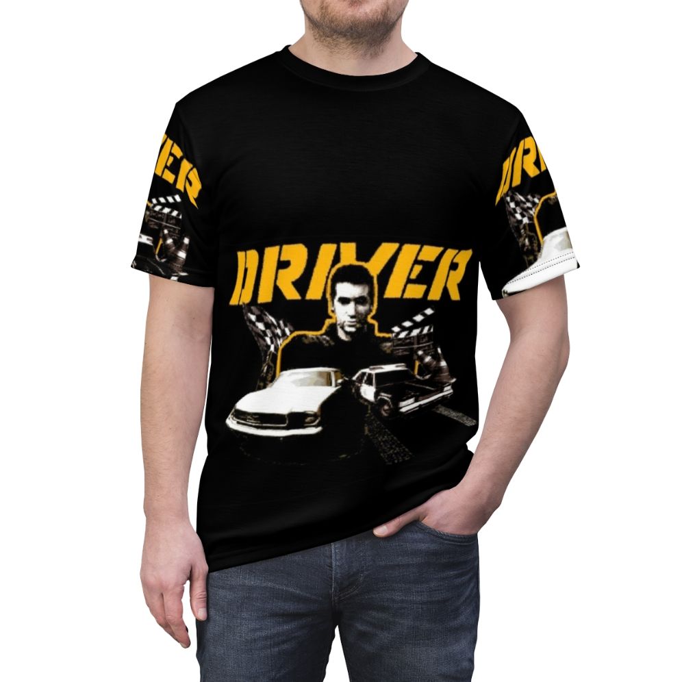 Retro-styled t-shirt featuring a driver-themed design inspired by classic PlayStation games - men front