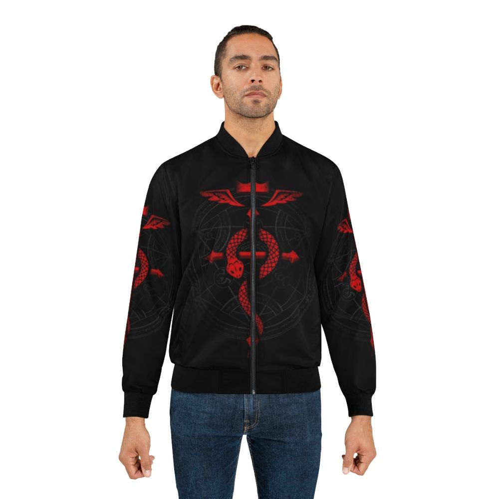 Fullmetal Alchemist inspired bomber jacket with Flamel symbol and alchemical design elements - Lifestyle