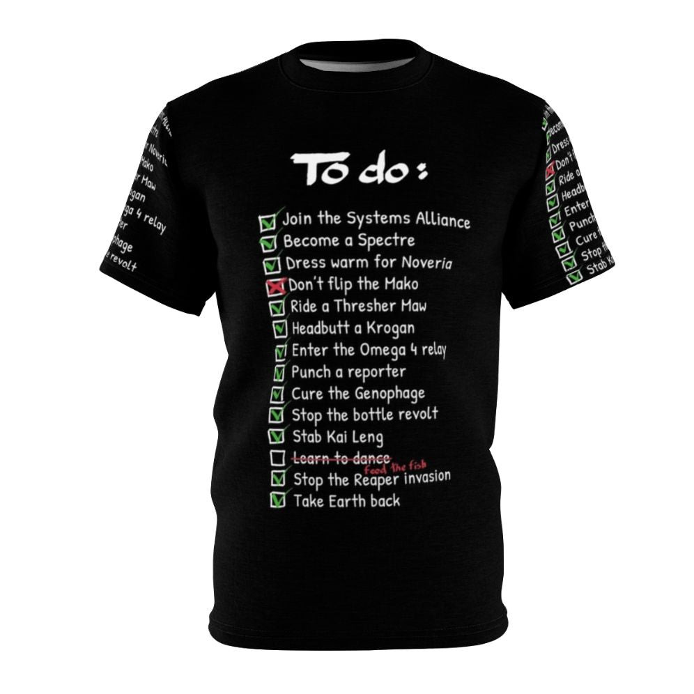 Commander Shepard's To-Do List gaming t-shirt featuring popular Mass Effect character and iconic video game imagery.