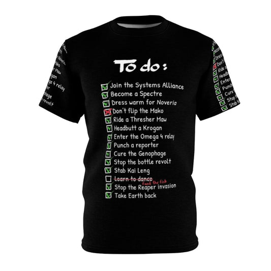 Commander Shepard's To-Do List gaming t-shirt featuring popular Mass Effect character and iconic video game imagery.