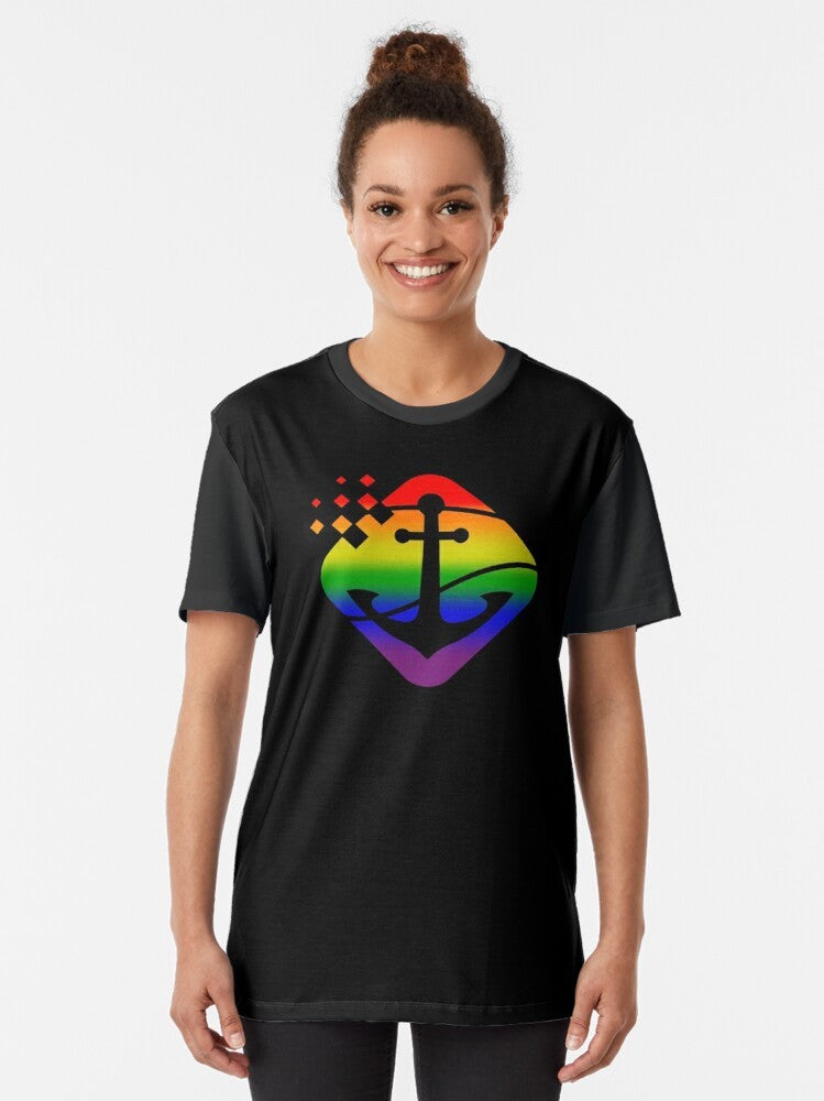 Graphic t-shirt design featuring a nautical anchor and pride flag colors, celebrating nautical, anchor, and boating pride. - Women