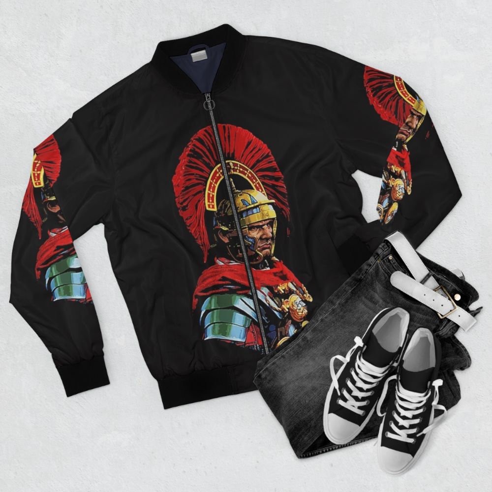 Model wearing a bomber jacket featuring a portrait of a Roman centurion - Flat lay