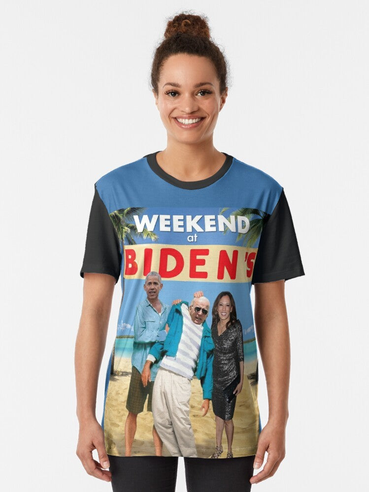 "Weekend at Bidens" funny parody t-shirt design featuring Biden and the "Weekend at Bernies" pun - Women