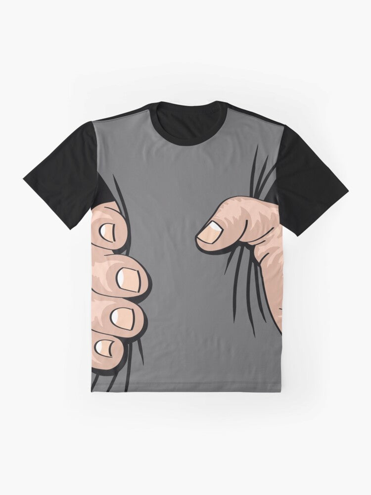 Graphic T-shirt design with a giant hand squeezing a human figure, comical and humorous. - Flat lay