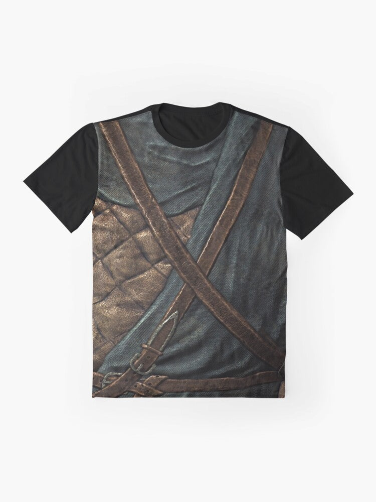 Stormcloak cuirass graphic design on a t-shirt for fans of Skyrim and The Elder Scrolls video game series. - Flat lay