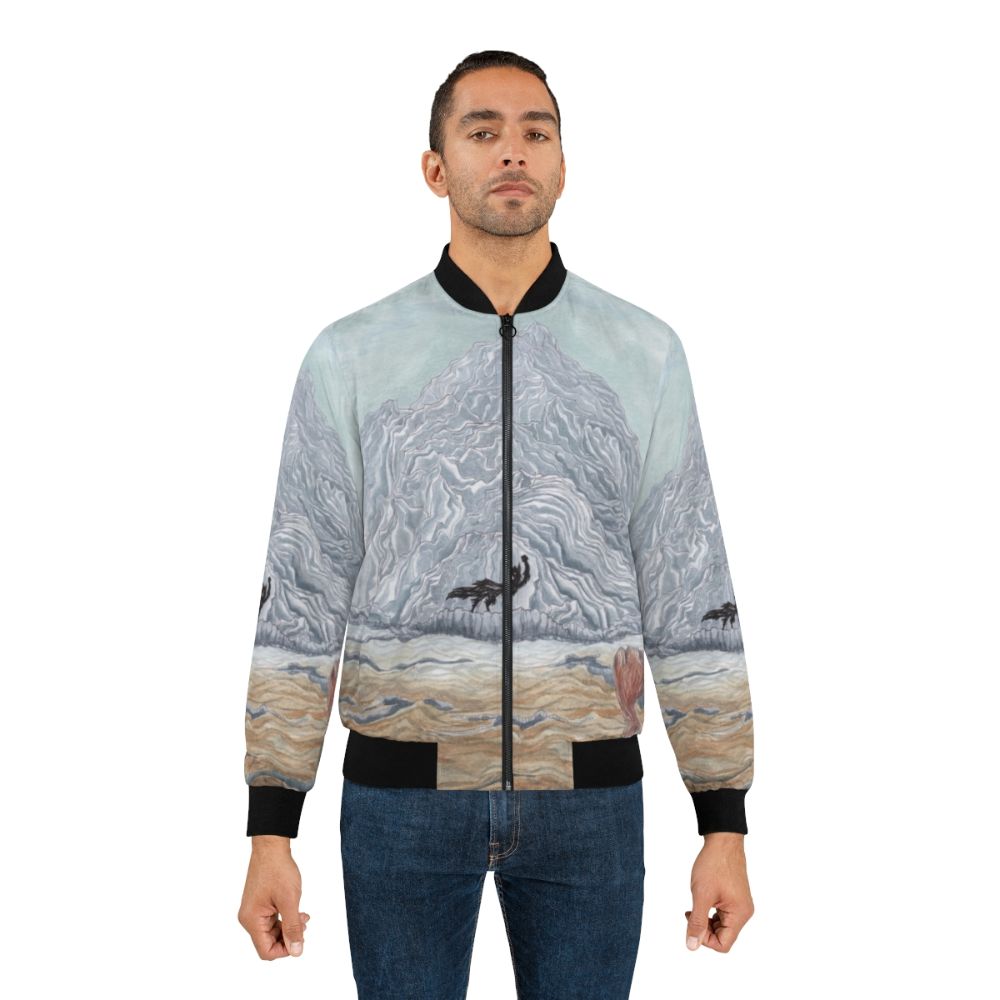 Wes Anderson "The Winter Wolf" Fantastic Mr. Fox inspired bomber jacket with watercolor illustrations of a wolf, fox, and mountain landscape. - Lifestyle