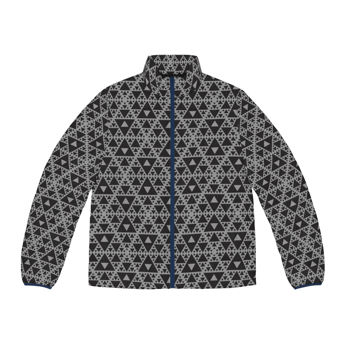 A dark puffer jacket featuring a repeating triangular mocap pattern inspired by Sierpinski's triangle