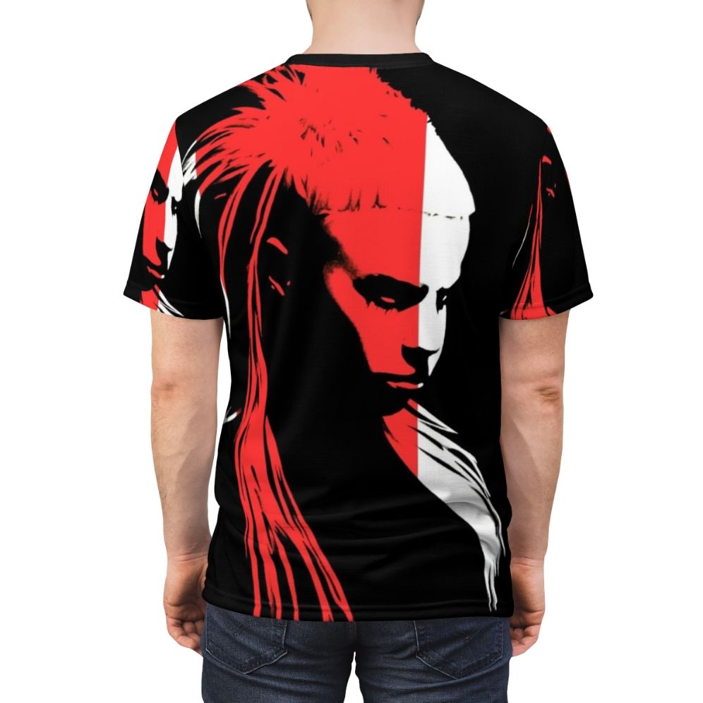 A high-quality, artistic portrait t-shirt featuring the iconic Yolandi Visser of the alternative rap group Die Antwoord. - men back