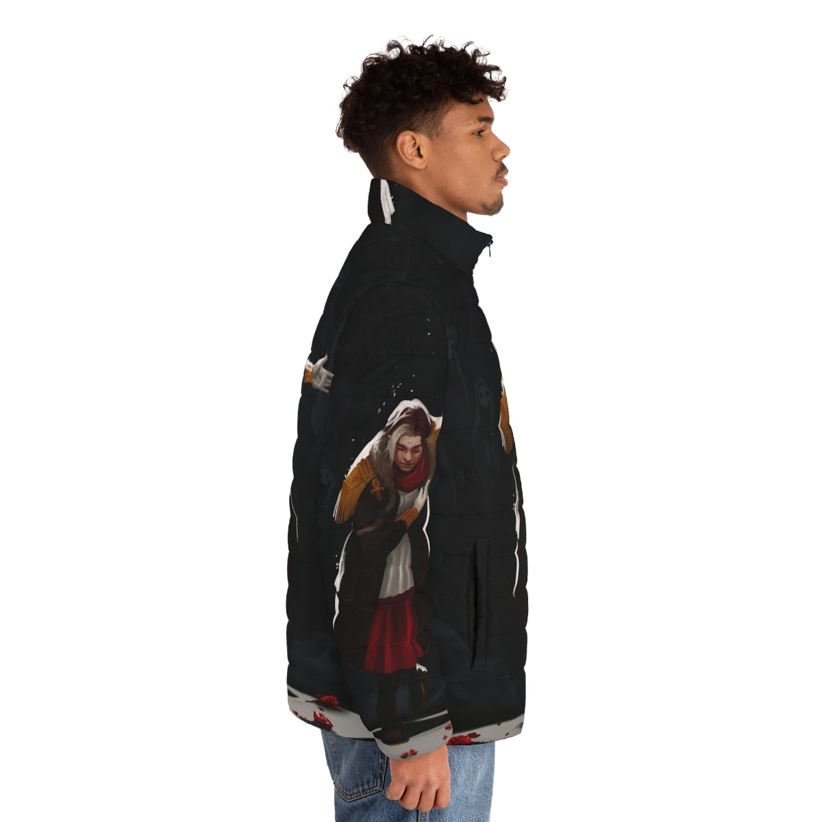 Ascian-inspired FFXIV Curtain Call puffer jacket with fantasy rose design - men side right