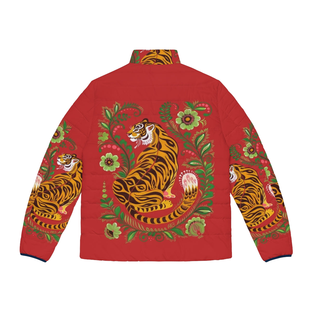 Tiger Folk Art Puffer Jacket with Decorative Wildlife Design - Back