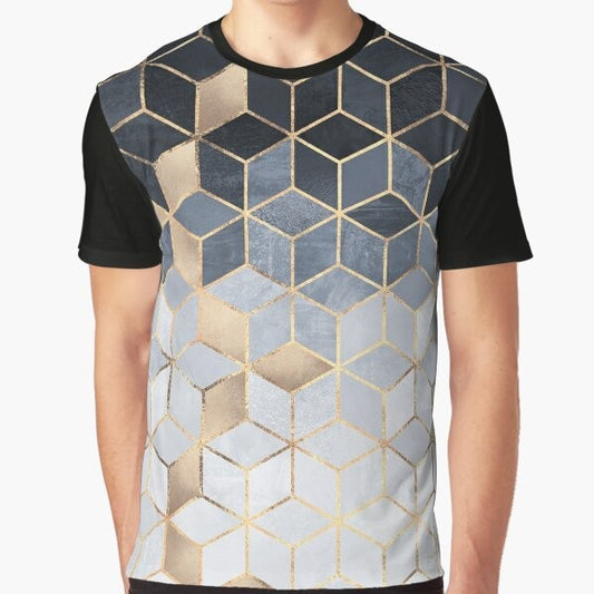 Blue gradient cubes geometric graphic design on a t-shirt