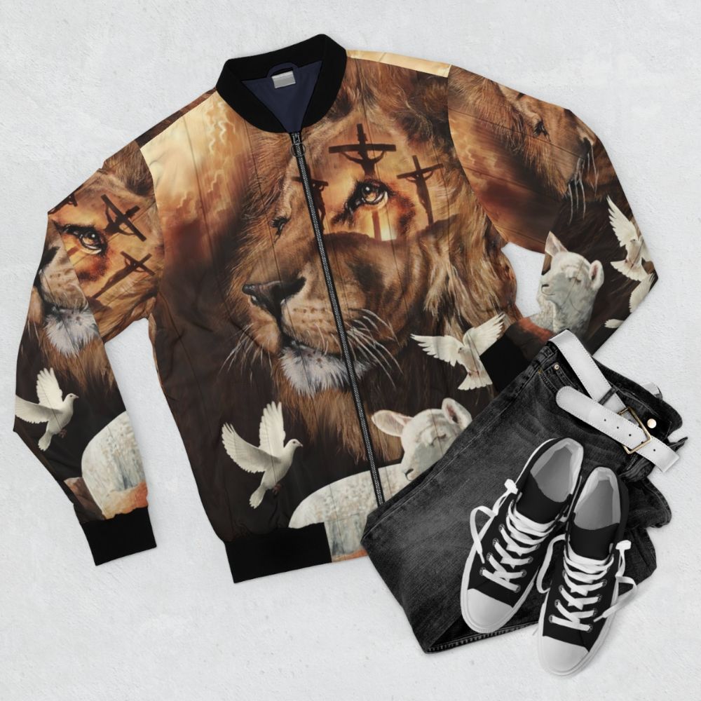 Christian bomber jacket featuring the Lion of Judah and the Lamb of God - Flat lay