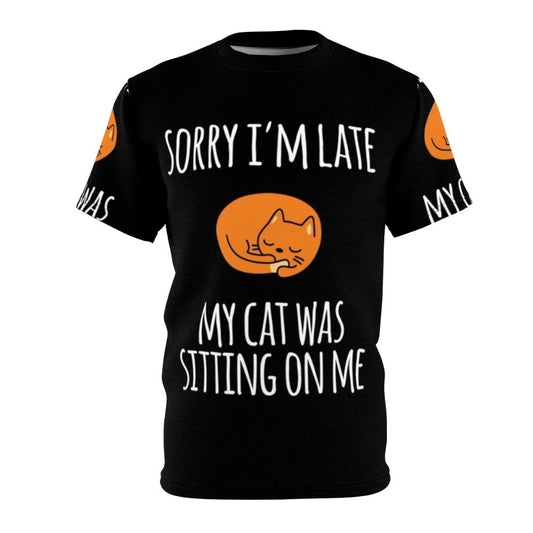 Funny "Sorry I Can't My Cat Was Sitting On Me" graphic t-shirt for cat lovers