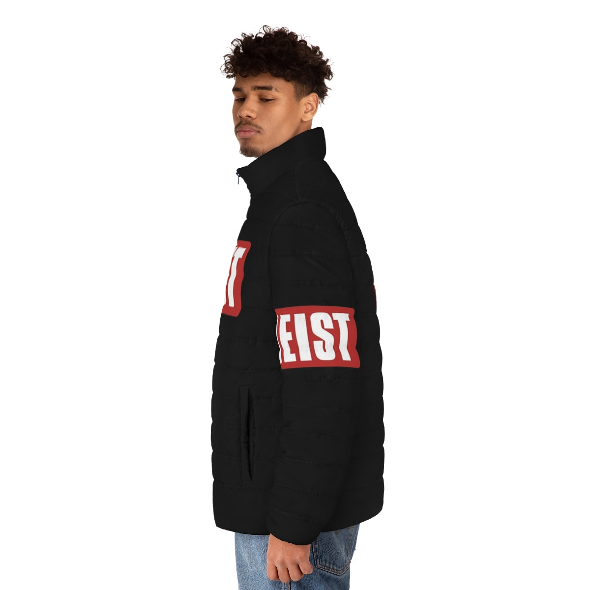 Stylish money heist puffer jacket with text art design - men side left