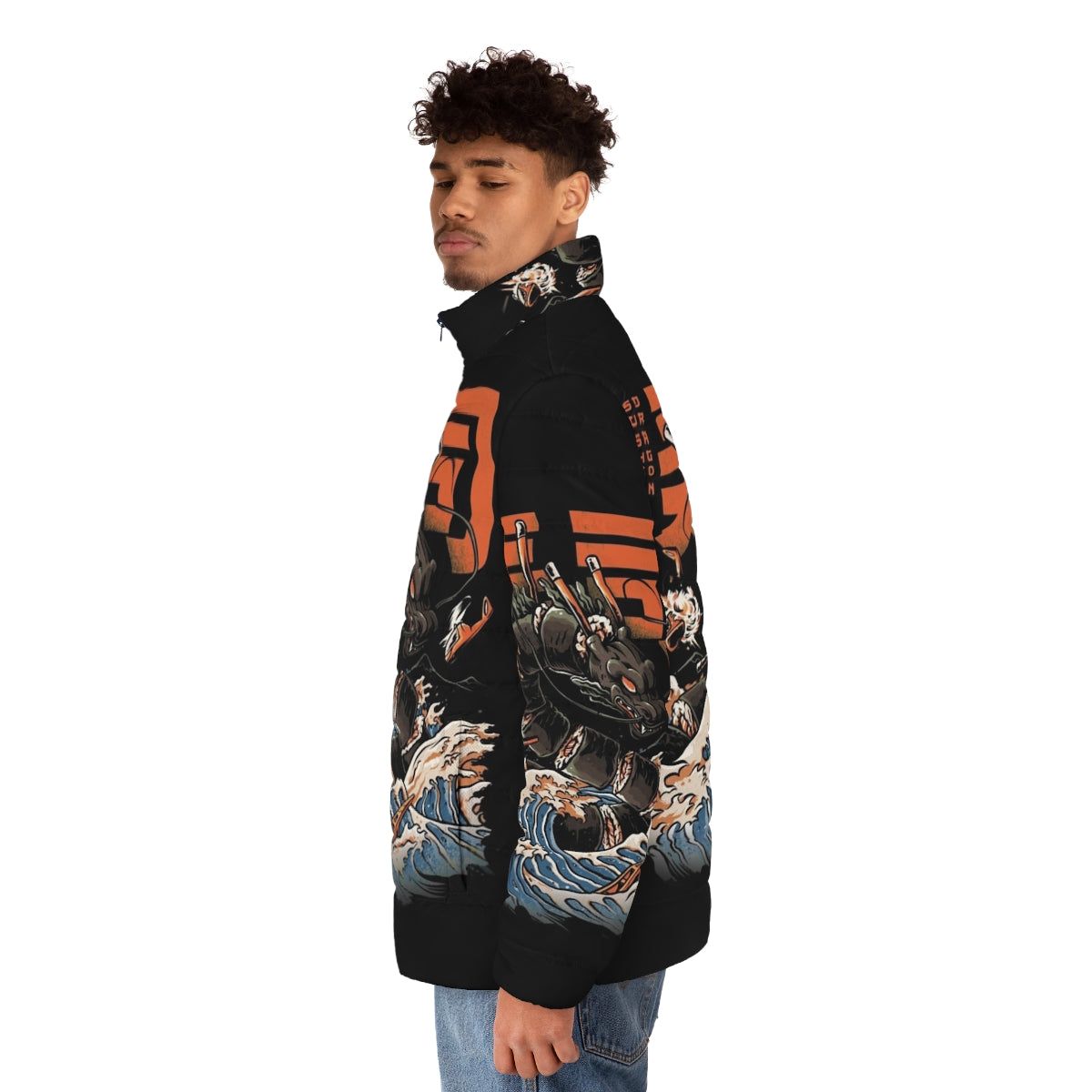 Black puffer jacket with sushi dragon graphic design - men side left