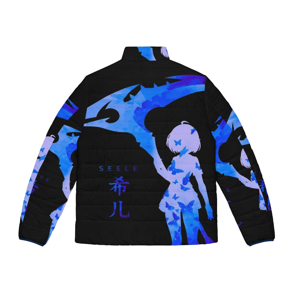 Blue puffer jacket with anime-style butterflies - Back