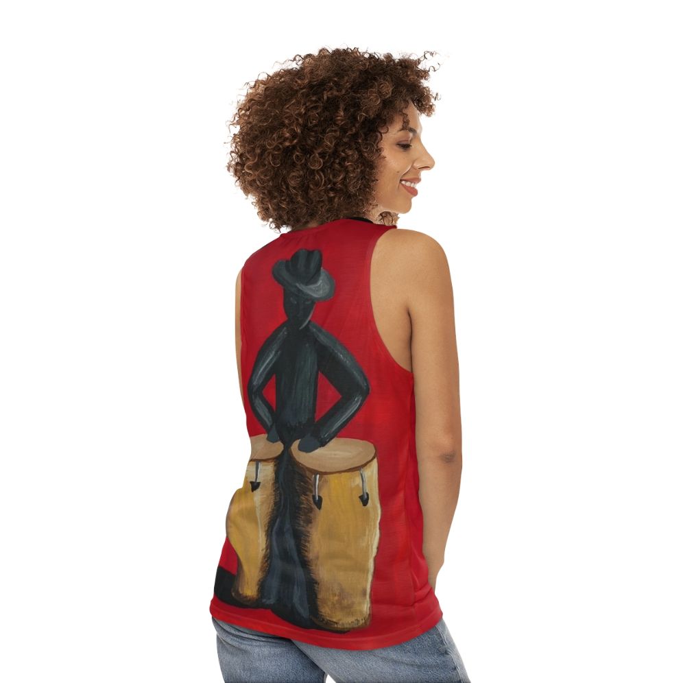 Unisex tank top featuring salsa music art and a conga player - women back