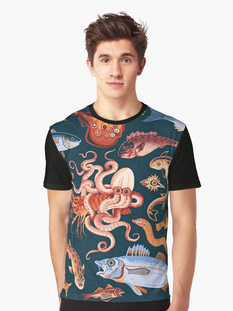 A graphic t-shirt featuring an illustration of an ancient Roman mosaic from Pompeii, depicting ocean life such as an octopus and fish. - Men