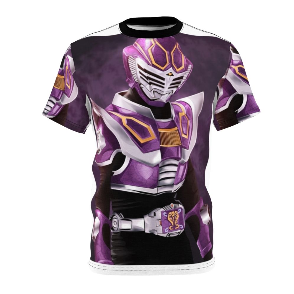 Vibrant all-over-print t-shirt design inspired by the popular Kamen Rider tokusatsu series