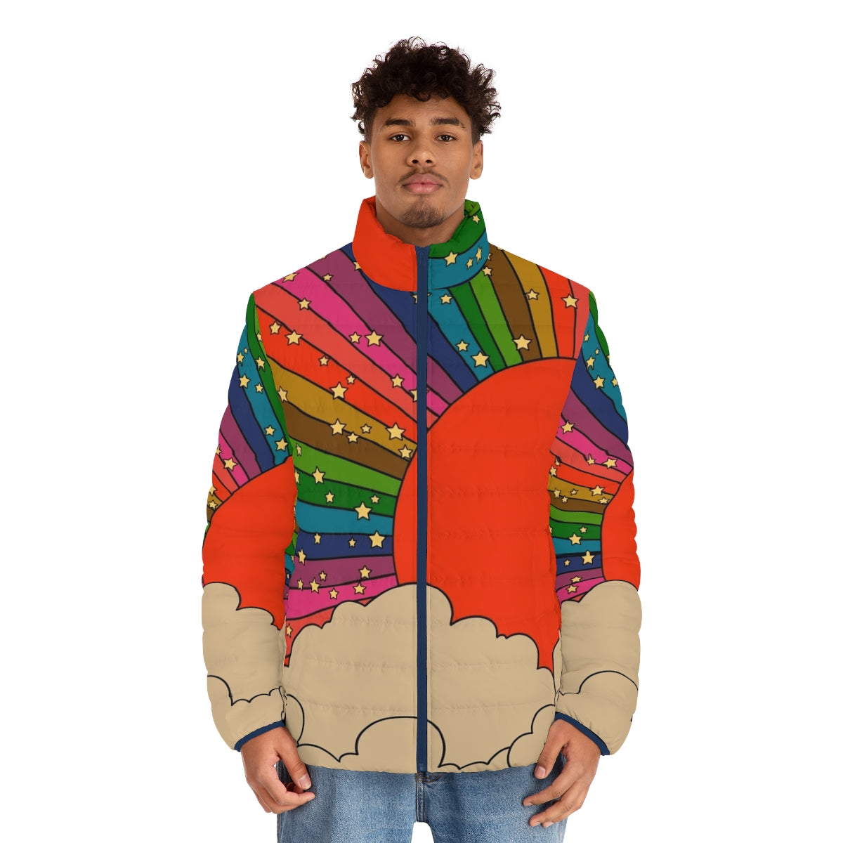 Vibrant rainbow-colored puffer jacket with a 70s groovy style - men front