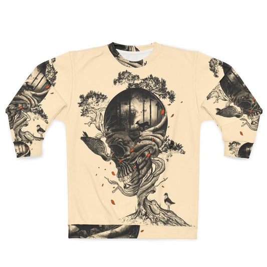 Lost Translation Nature Inspired Sweatshirt featuring a surreal forest landscape with a skull, deer, and birds