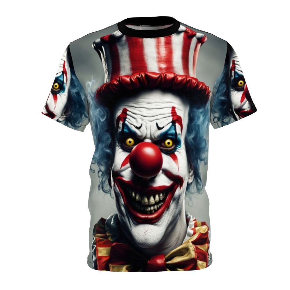 Sinister-looking clown with a creepy red nose and unsettling expression on an all-over-print t-shirt