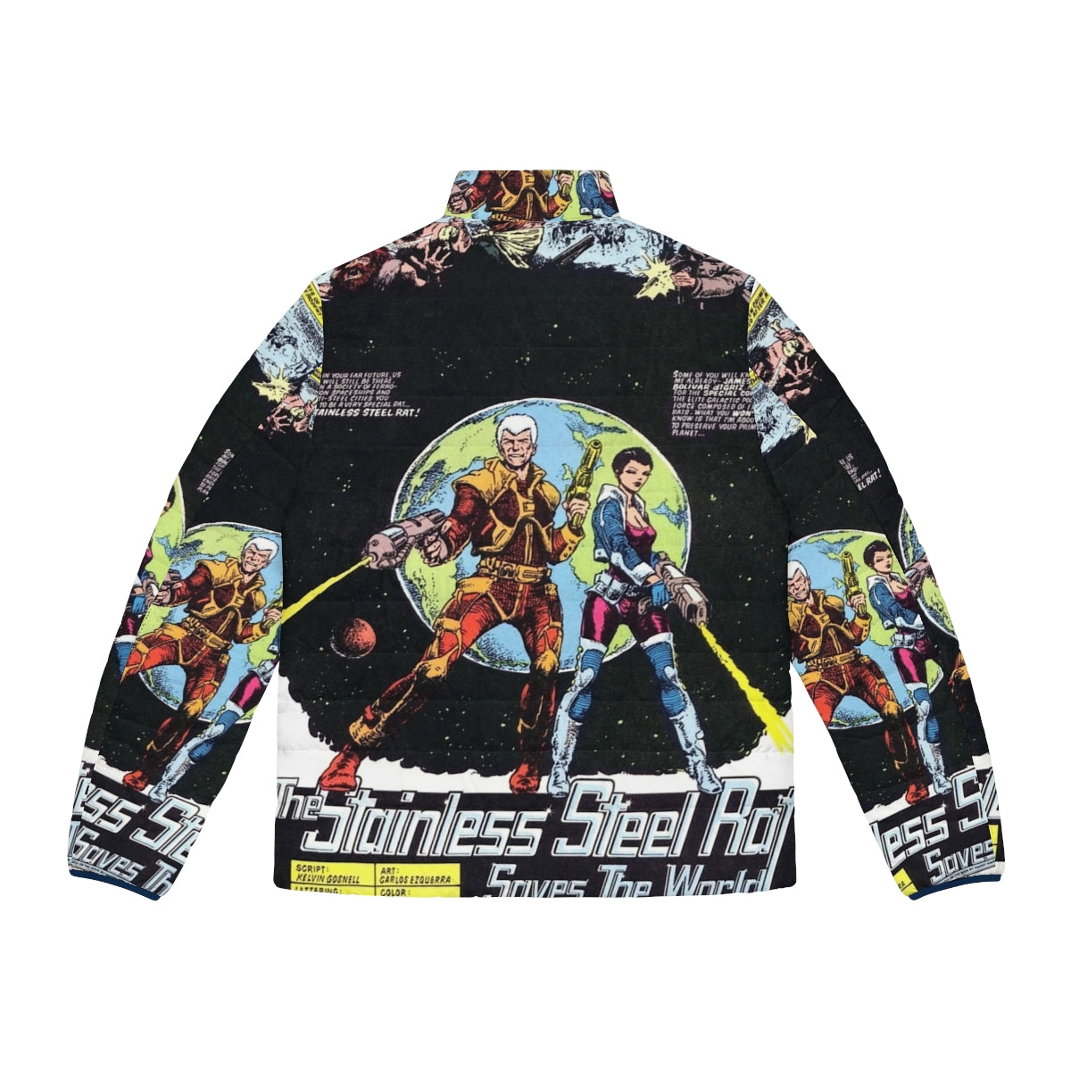 A puffer jacket featuring the cover art of The Stainless Steel Rat Issue 3 - Back