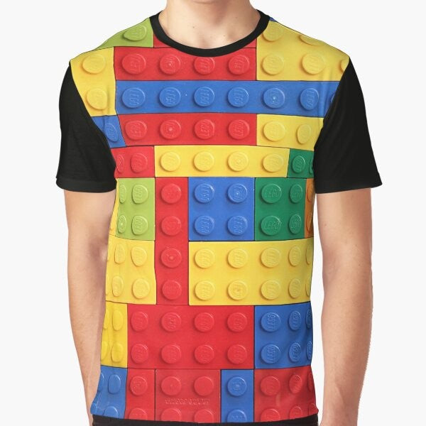 Colorful graphic t-shirt featuring a design of lego bricks in various colors and patterns