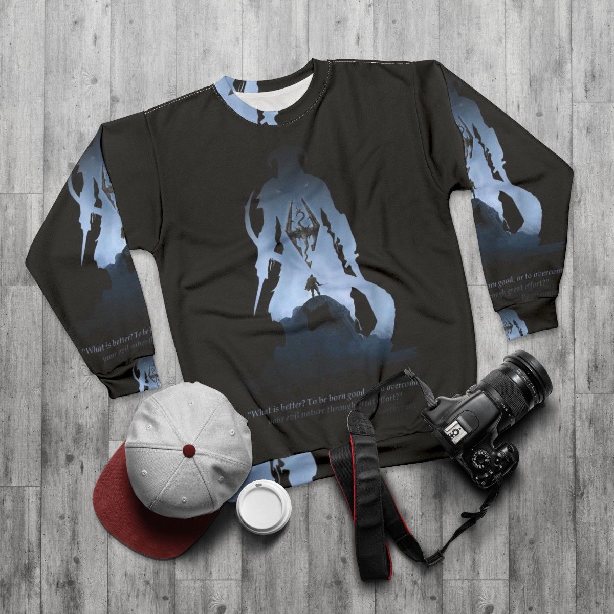 Dragonborn Sweatshirt featuring the iconic Skyrim logo and dragon - flat lay