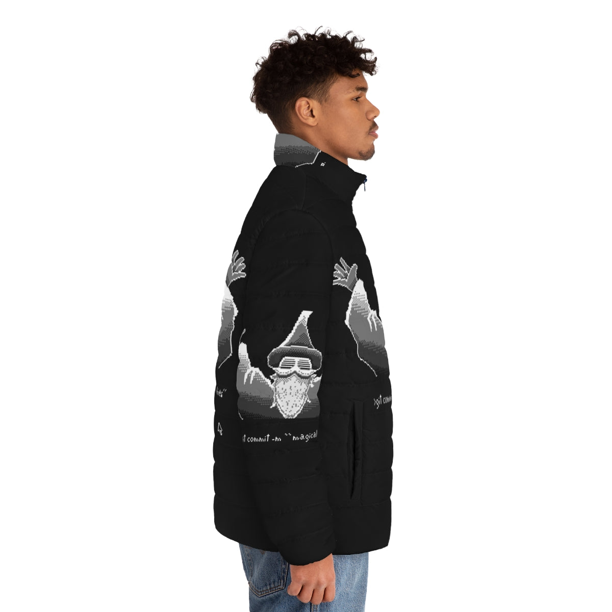 Git Wizard Puffer Jacket featuring retro pixel art and monochrome design - men side right