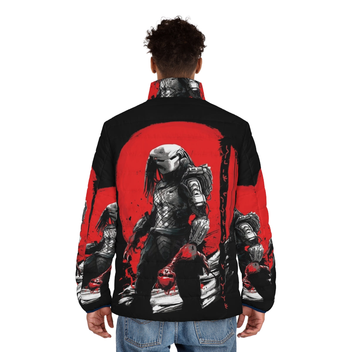 Hunter S Moon Japanese Predator Puffer Jacket with Japanese art and samurai design - men back