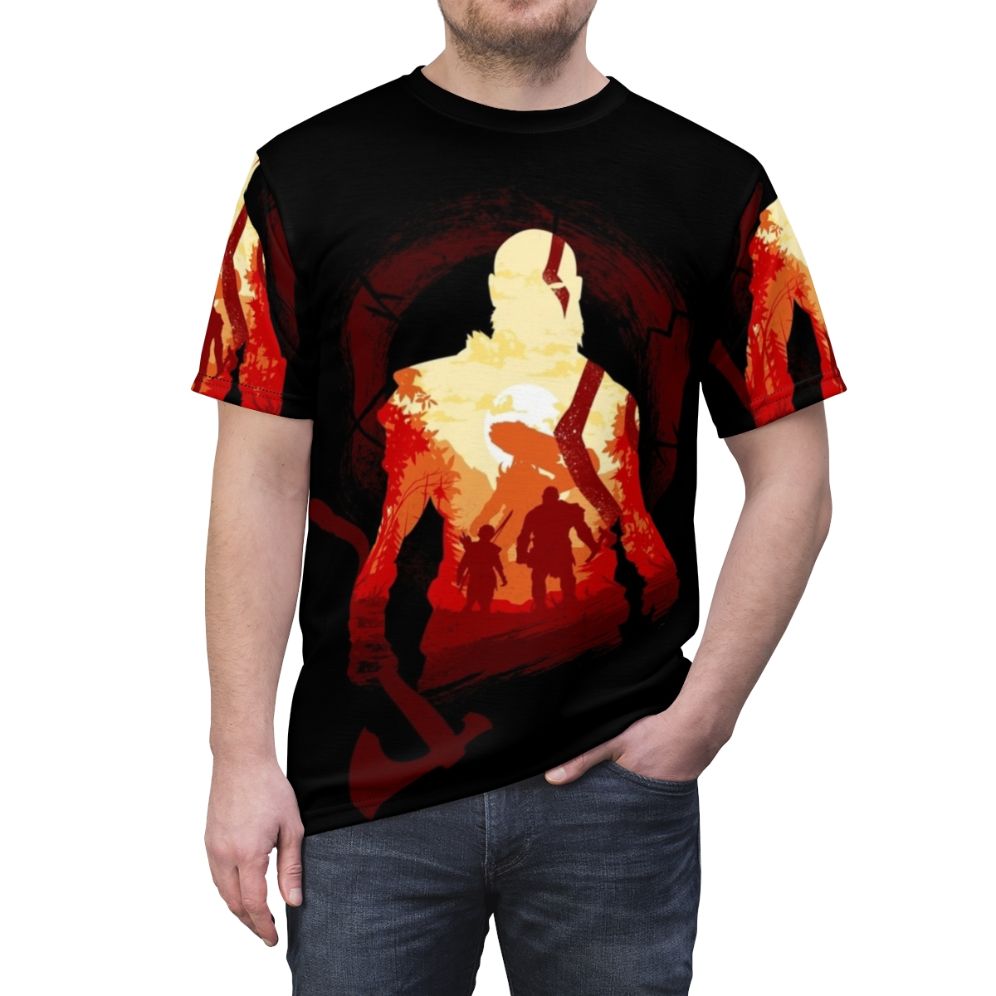 Graphic t-shirt design inspired by the God of War video game series, featuring characters Kratos and Atreus. - men front