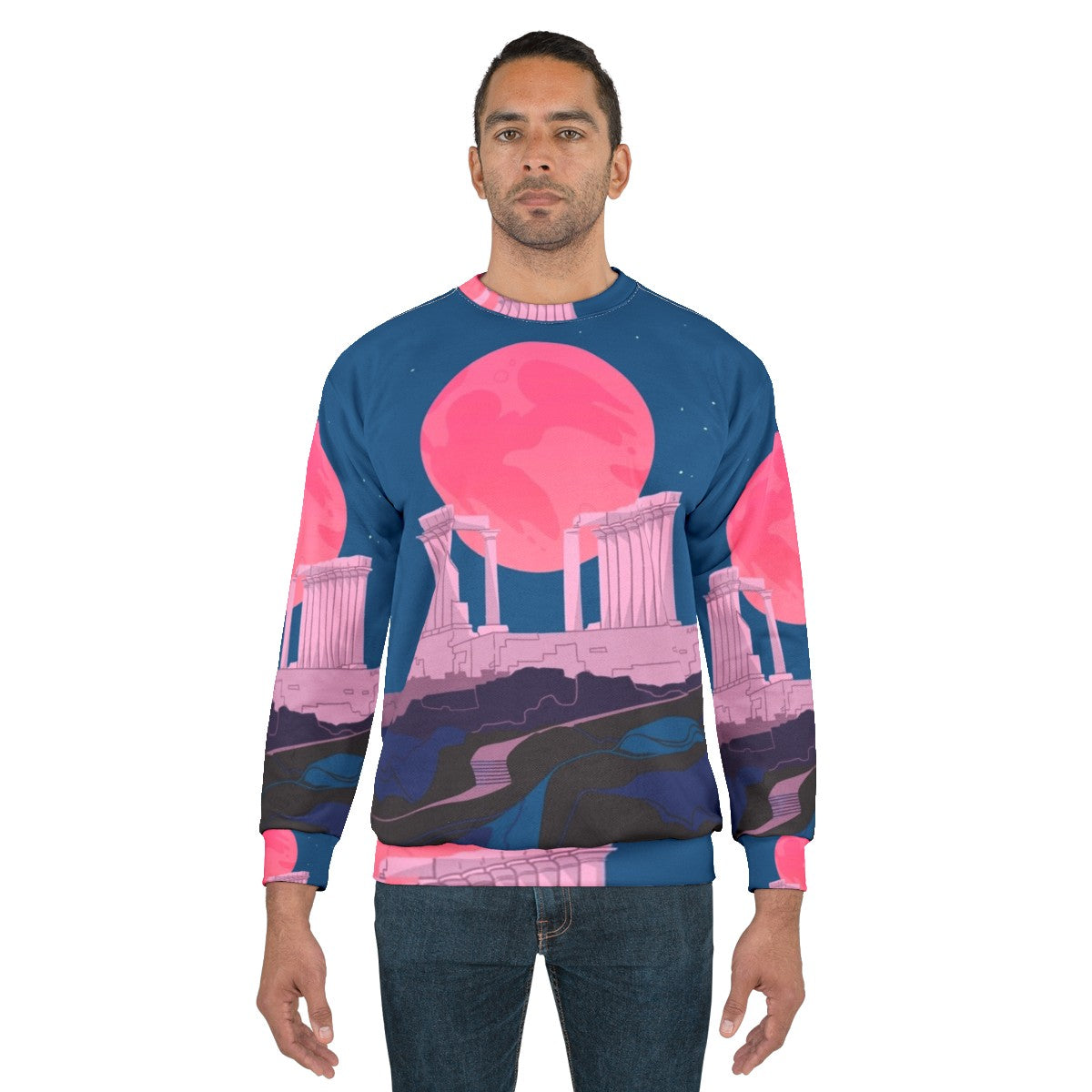 Vaporwave sweatshirt featuring the Temple of Poseidon at Sounion, Greece - men