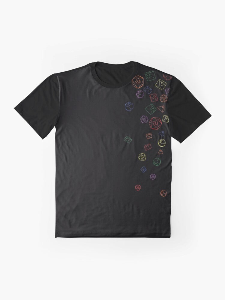 Colorful graphic t-shirt featuring a vibrant rainbow design of cascading dice, perfect for gaming enthusiasts. - Flat lay